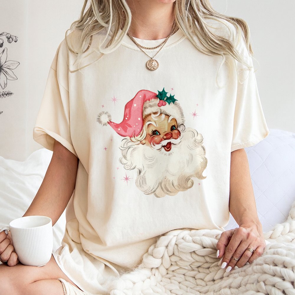 Retro Pink Santa T-Shirt | Vintage Christmas Aesthetic Graphic | 100% Cotton Premium Tee | Cute Holiday Gift for Women