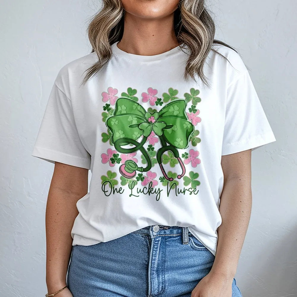 One Lucky Nurse St Patrick's Day T-Shirt | Shamrock Stethoscope Bow Graphic | 100% Cotton Premium Tee | RN Gift for Her