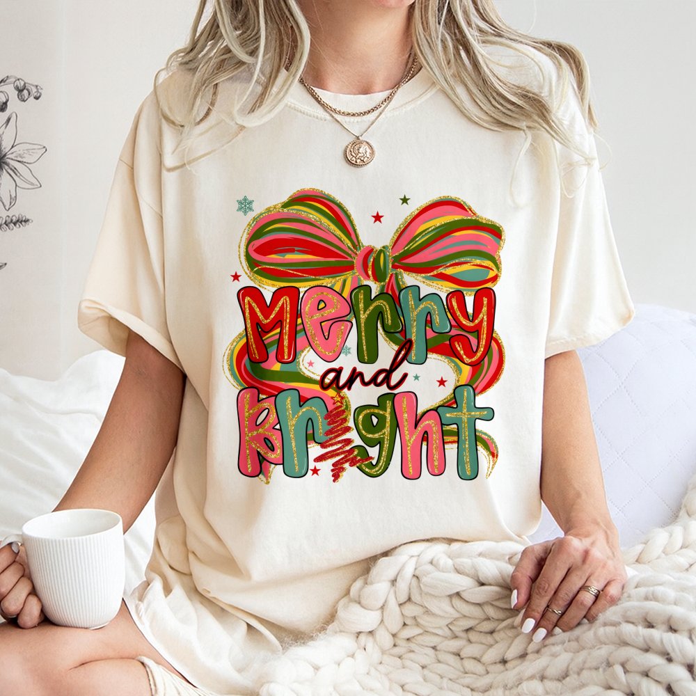Merry and Bright T-Shirt | Preppy Coquette Christmas Aesthetic | Premium 100% Cotton Tee | Cute Holiday Gift for Women