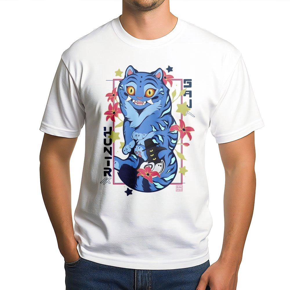 Blue Tiger Graphic T-Shirt | Anime Style Kawaii Cat Design | 100% Premium Cotton | Unique Otaku Gift for Men and Women