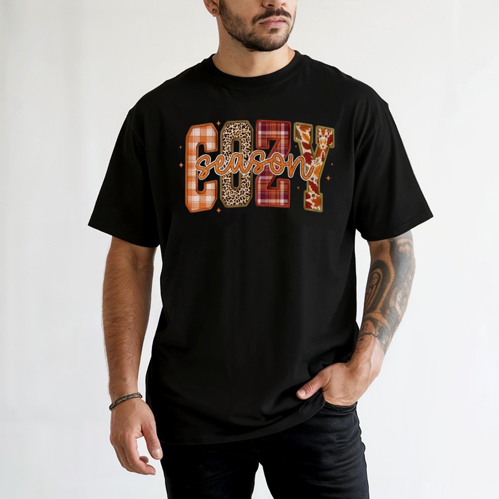 Cozy Season T-Shirt | Plaid Leopard Floral Graphic Design | 100% Cotton Premium Tee | Cute Fall Aesthetic Gift for Her