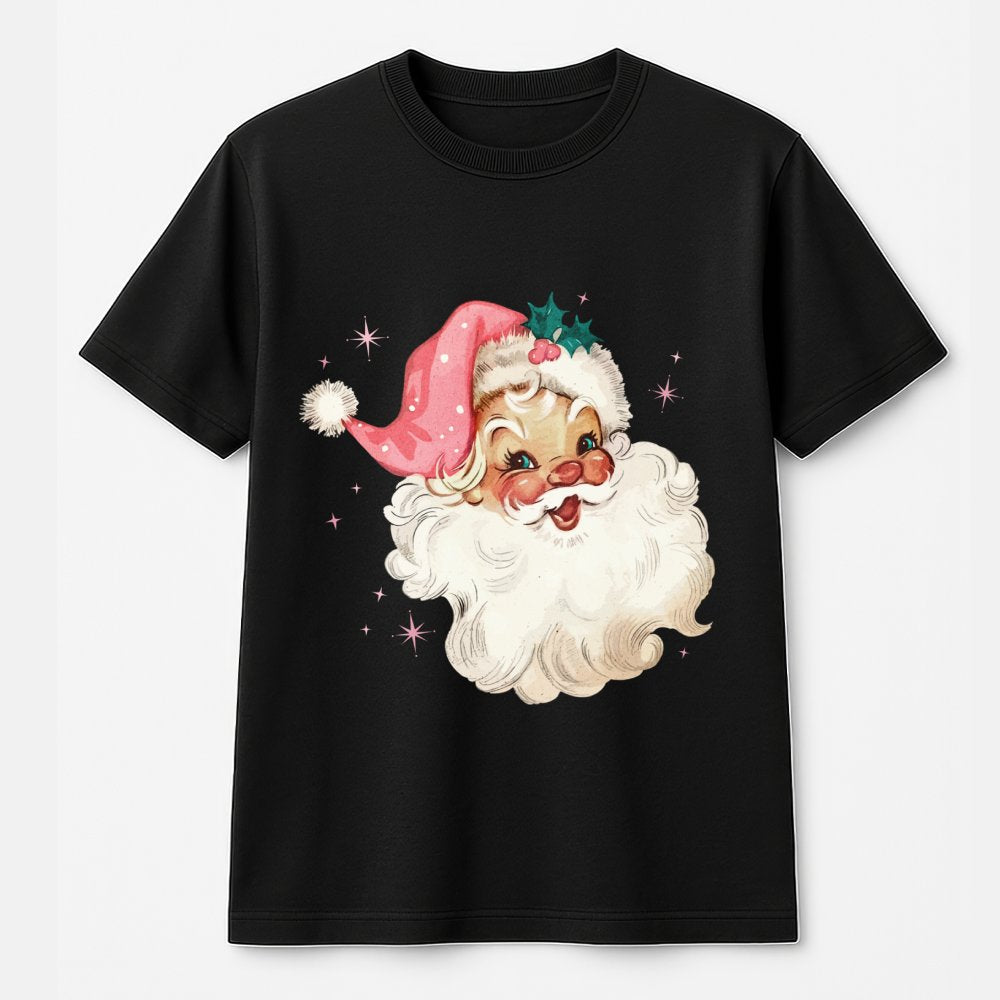 Retro Pink Santa T-Shirt | Vintage Christmas Aesthetic Graphic | 100% Cotton Premium Tee | Cute Holiday Gift for Women