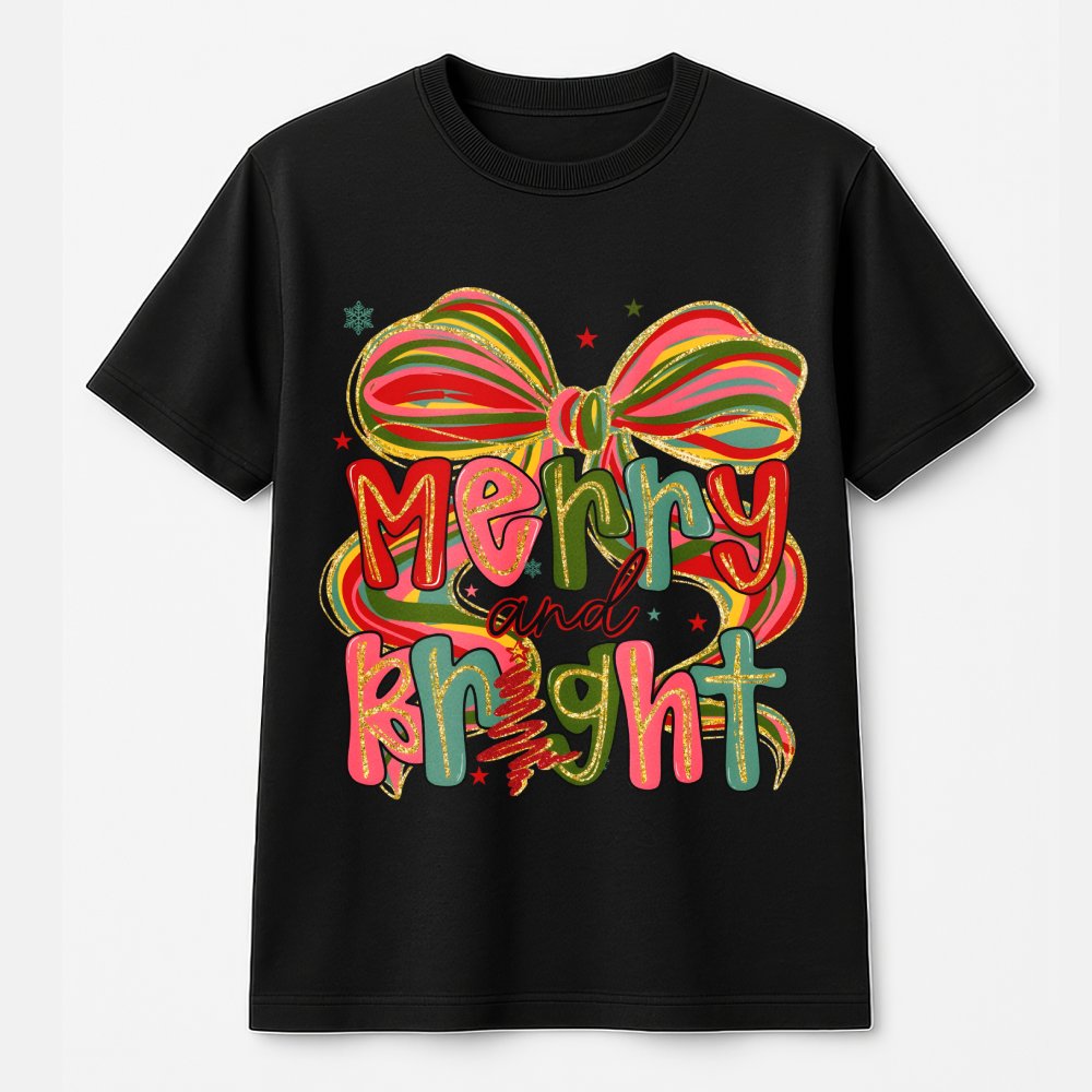Merry and Bright T-Shirt | Preppy Coquette Christmas Aesthetic | Premium 100% Cotton Tee | Cute Holiday Gift for Women