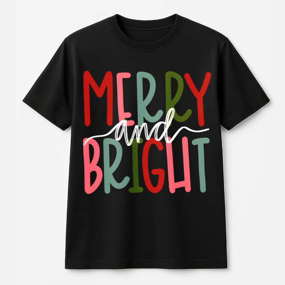 Merry And Bright T-Shirt | Festive Typography Graphic Tee | 100% Premium Cotton | Matching Family Christmas Shirt Gift