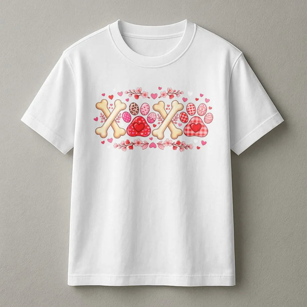 Dog Mom Valentine T-Shirt | XOXO Heart Paw Print & Bone Graphic | Premium Soft Cotton | Cute Animal Lover Gift for Her