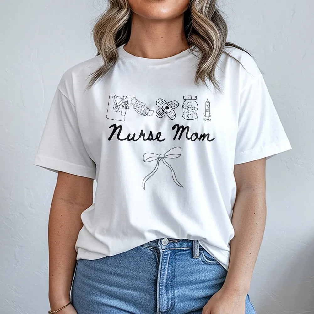 Nurse Mom Shirt | Cute Medical Icons & Bow Graphic | Premium Comfort Colors Cotton | Mother's Day Gift for School Nurse