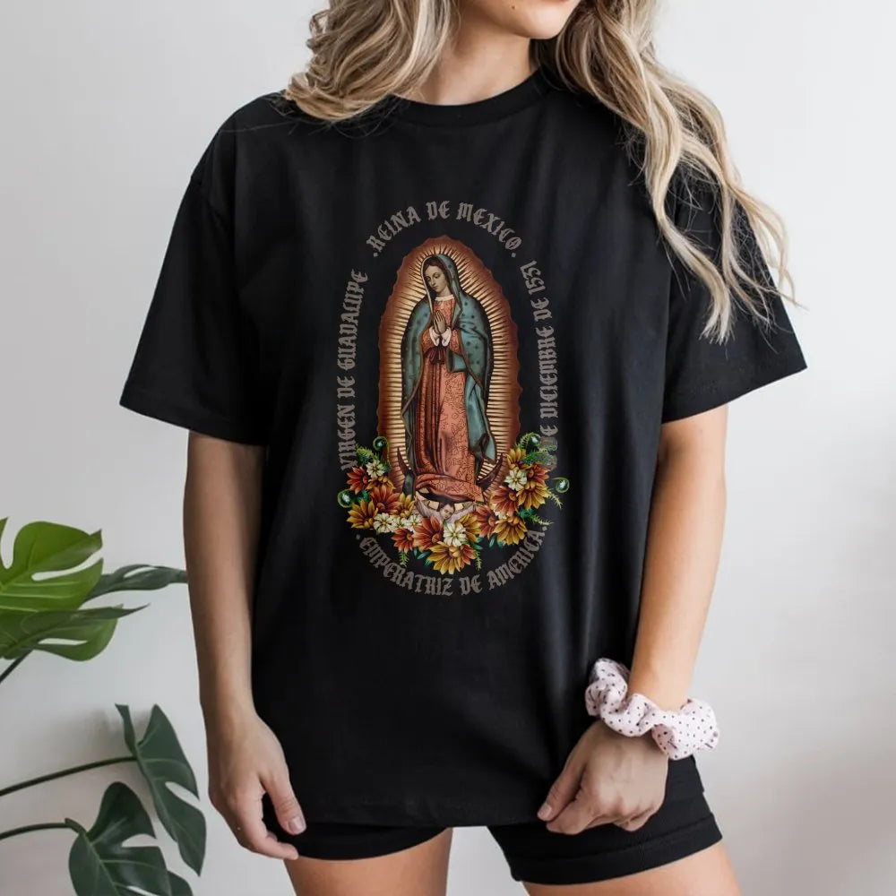Virgen De Guadalupe T-Shirt | Floral Religious Art Graphic | 100% Premium Cotton Tee | Catholic Gift for Women and Men