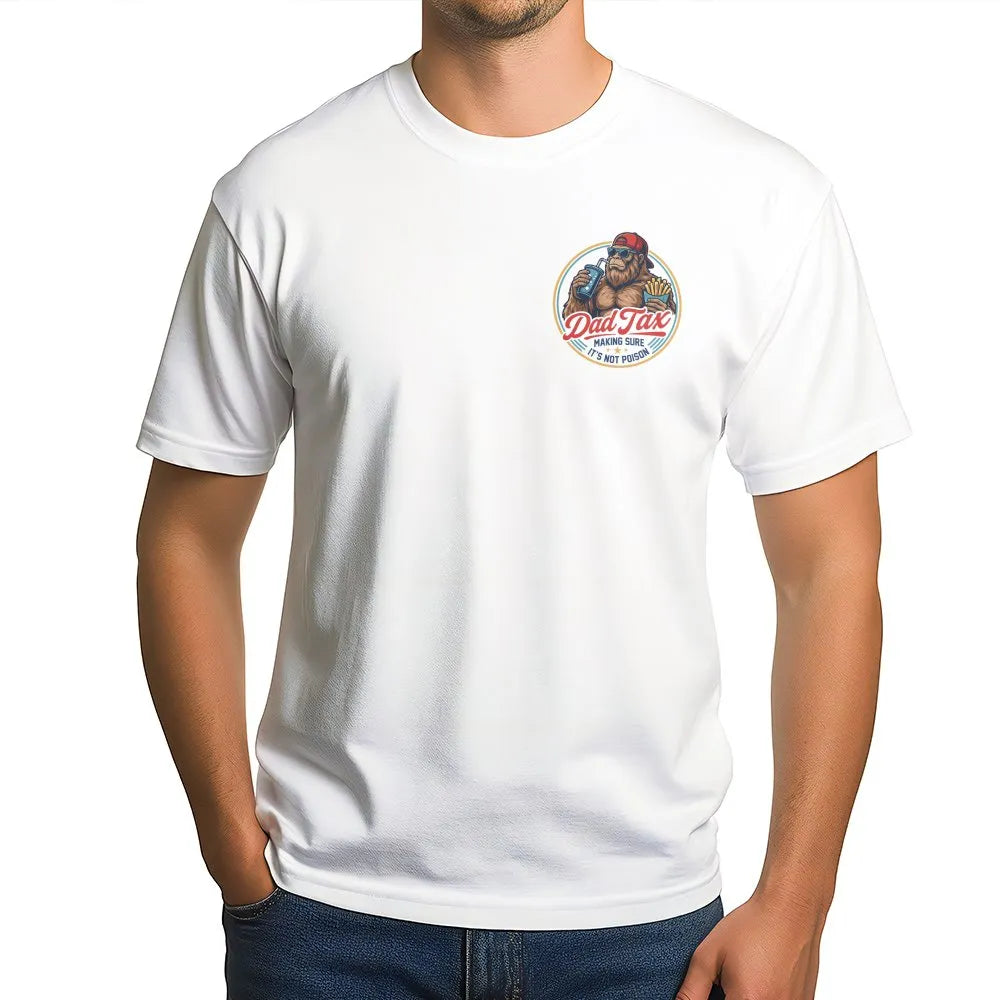 Man wearing a white unisex cotton t-shirt with a Dad Tax retro gorilla chest print