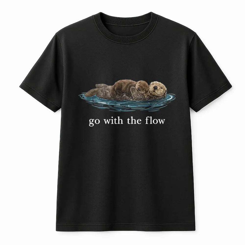 Sea Otter T-Shirt | Go With The Flow Cute Animal Design | Premium 100% Cotton Tee | Gift for Nature and Wildlife Lovers