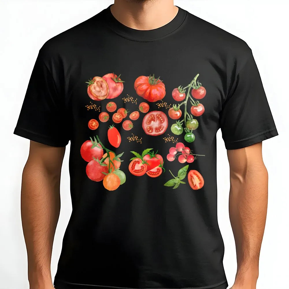 Man wearing a black t-shirt with a vintage tomato botanical print
