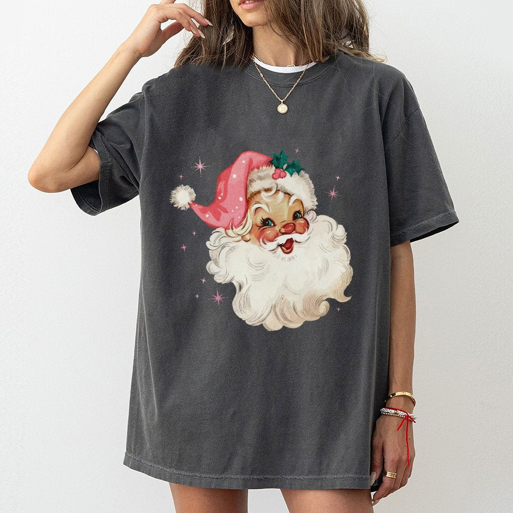 Retro Pink Santa T-Shirt | Vintage Christmas Aesthetic Graphic | 100% Cotton Premium Tee | Cute Holiday Gift for Women