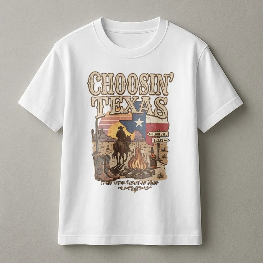 Choosin' Texas T-Shirt | Retro Western Cowboy Graphic | Premium Cotton-Blend | Gift for Country Music Fan & Texas Lover