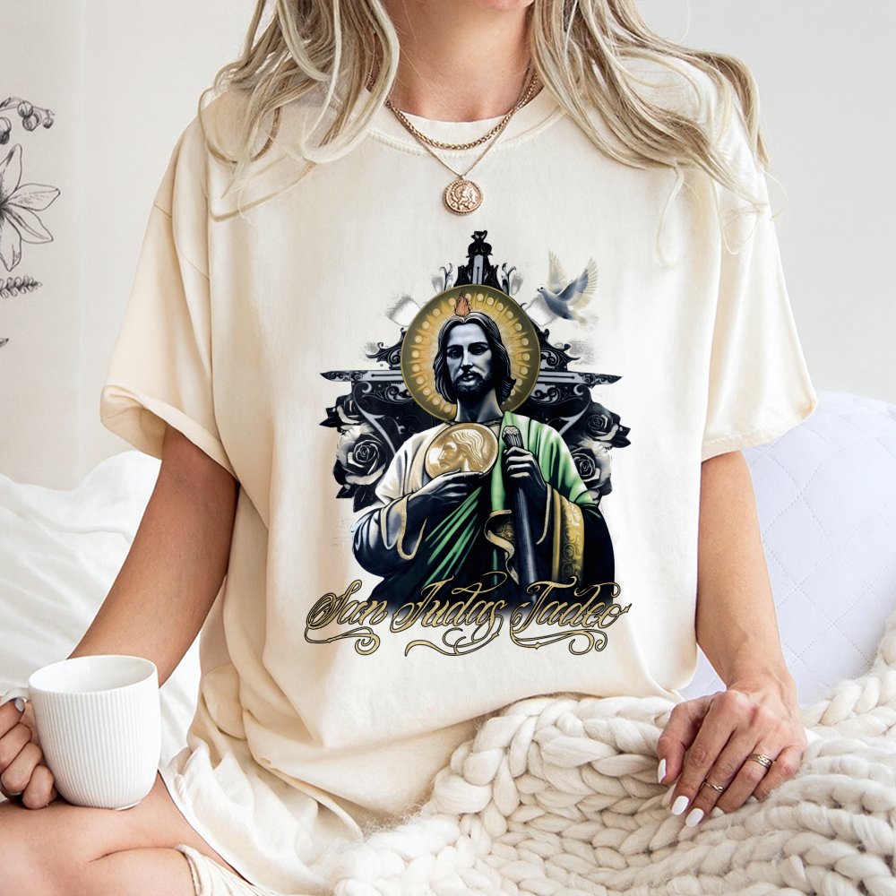 San Judas Tadeo T-Shirt | Saint Jude Graphic Religious Art | 100% Cotton Premium Tee | Catholic Gift for Men and Women