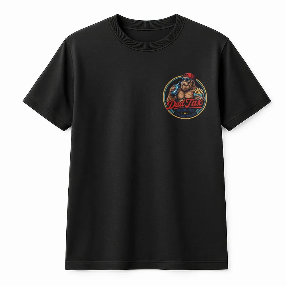 Dad Tax retro gorilla print on a black unisex cotton t-shirt