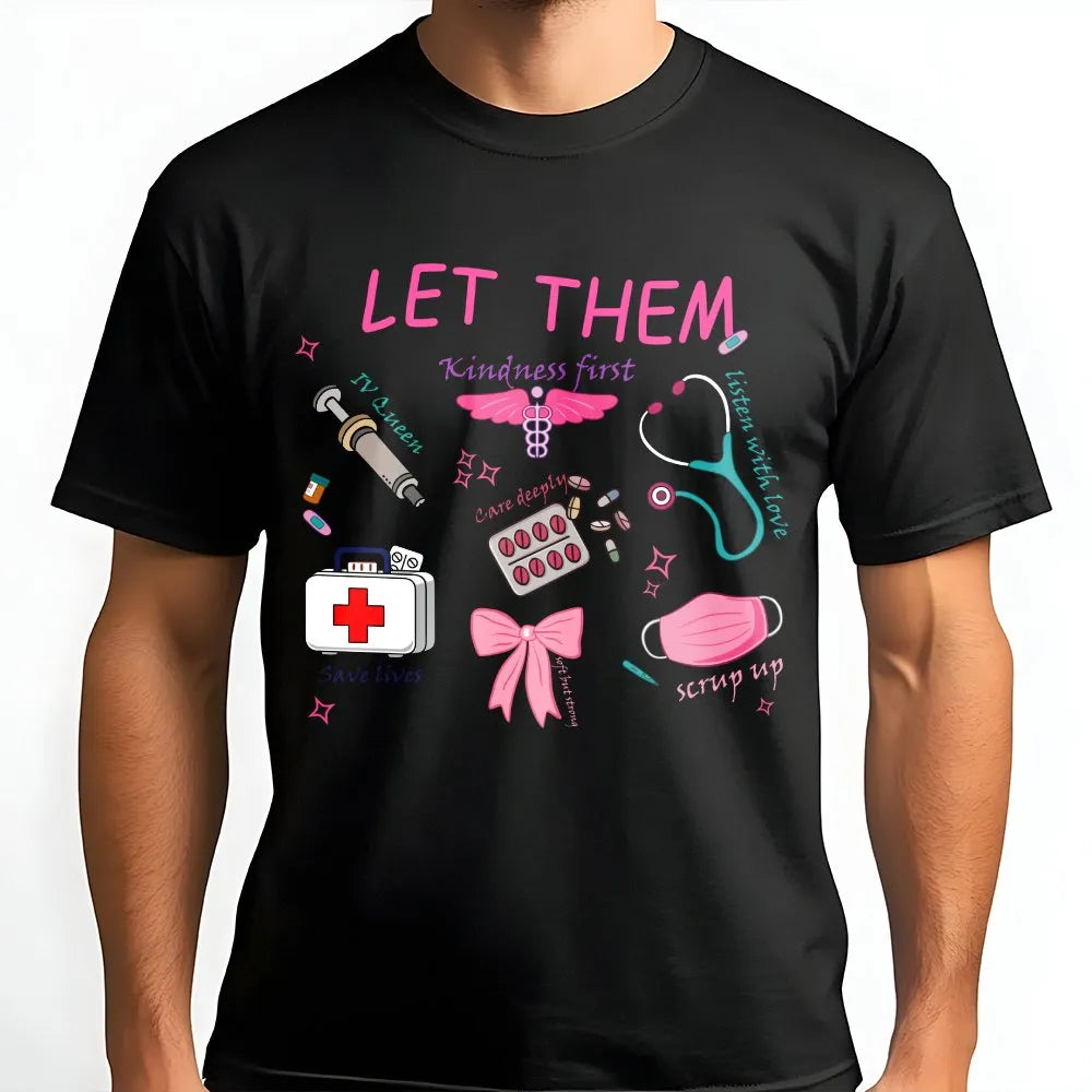 Person wearing a black t-shirt with a nurse medical doodle print