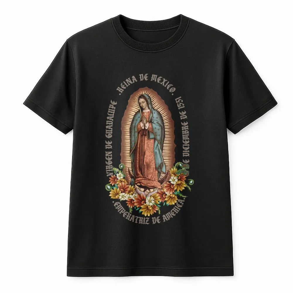 Virgen De Guadalupe T-Shirt | Floral Religious Art Graphic | 100% Premium Cotton Tee | Catholic Gift for Women and Men