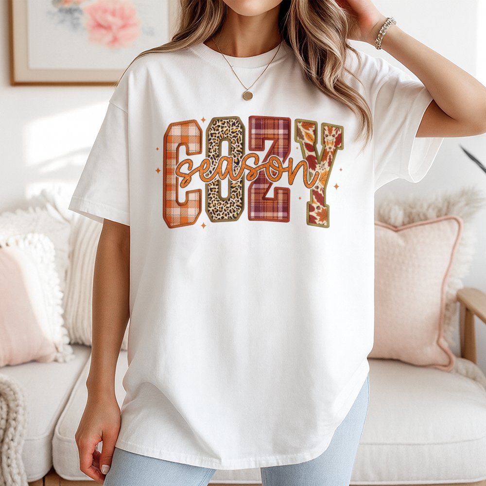 Cozy Season T-Shirt | Plaid Leopard Floral Graphic Design | 100% Cotton Premium Tee | Cute Fall Aesthetic Gift for Her