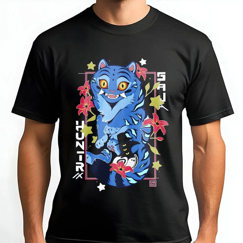Blue Tiger Graphic T-Shirt | Anime Style Kawaii Cat Design | 100% Premium Cotton | Unique Otaku Gift for Men and Women