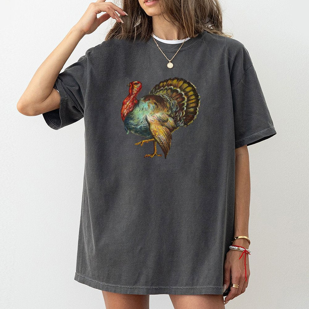 Thanksgiving Turkey T-Shirt | Vintage Bird Graphic Art | 100% Cotton Premium Tee | Cute Fall Gift for Women and Family