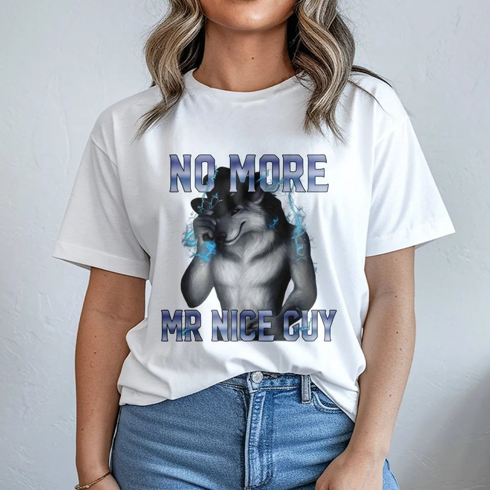 Model wearing a white t-shirt with a No More Mr Nice Guy alpha wolf print