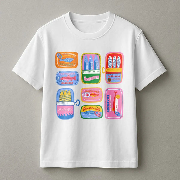 Portuguese sardine tin print on a white unisex cotton t-shirt