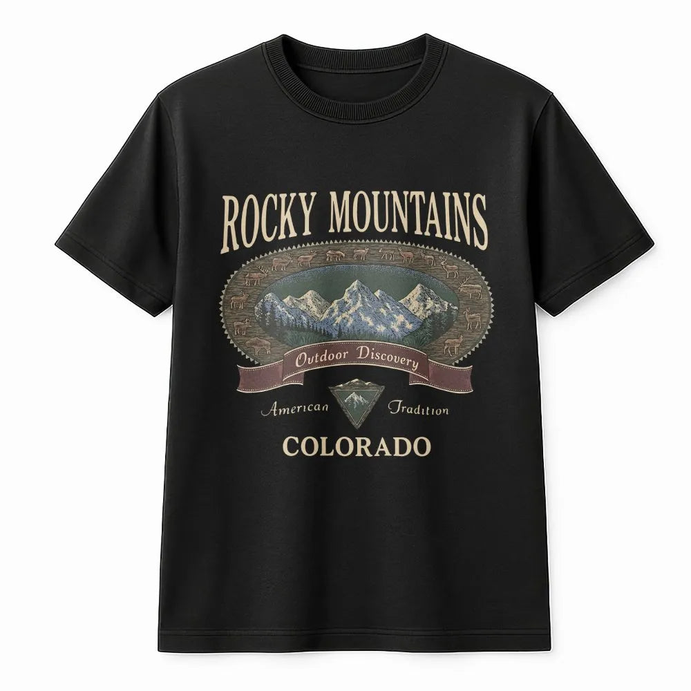 Rocky Mountains T-Shirt | Vintage Colorado Nature Graphic | 100% Cotton Premium Tee | Outdoor Adventure Gift for Hikers