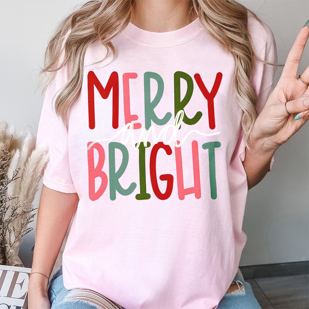 Merry And Bright T-Shirt | Festive Typography Graphic Tee | 100% Premium Cotton | Matching Family Christmas Shirt Gift