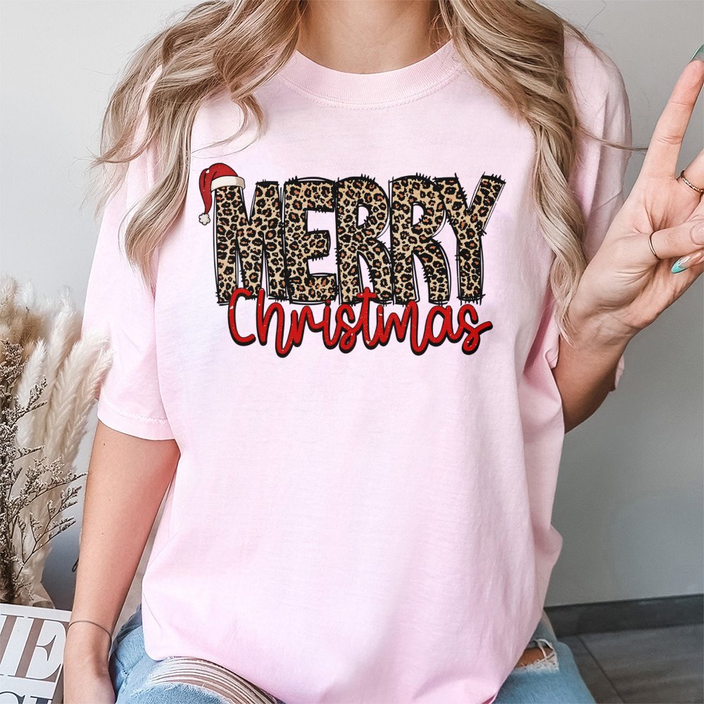 Merry Christmas T-Shirt | Leopard Print Graphic Holiday Top | Premium 100% Cotton Tee | Festive Gift for Women and Men