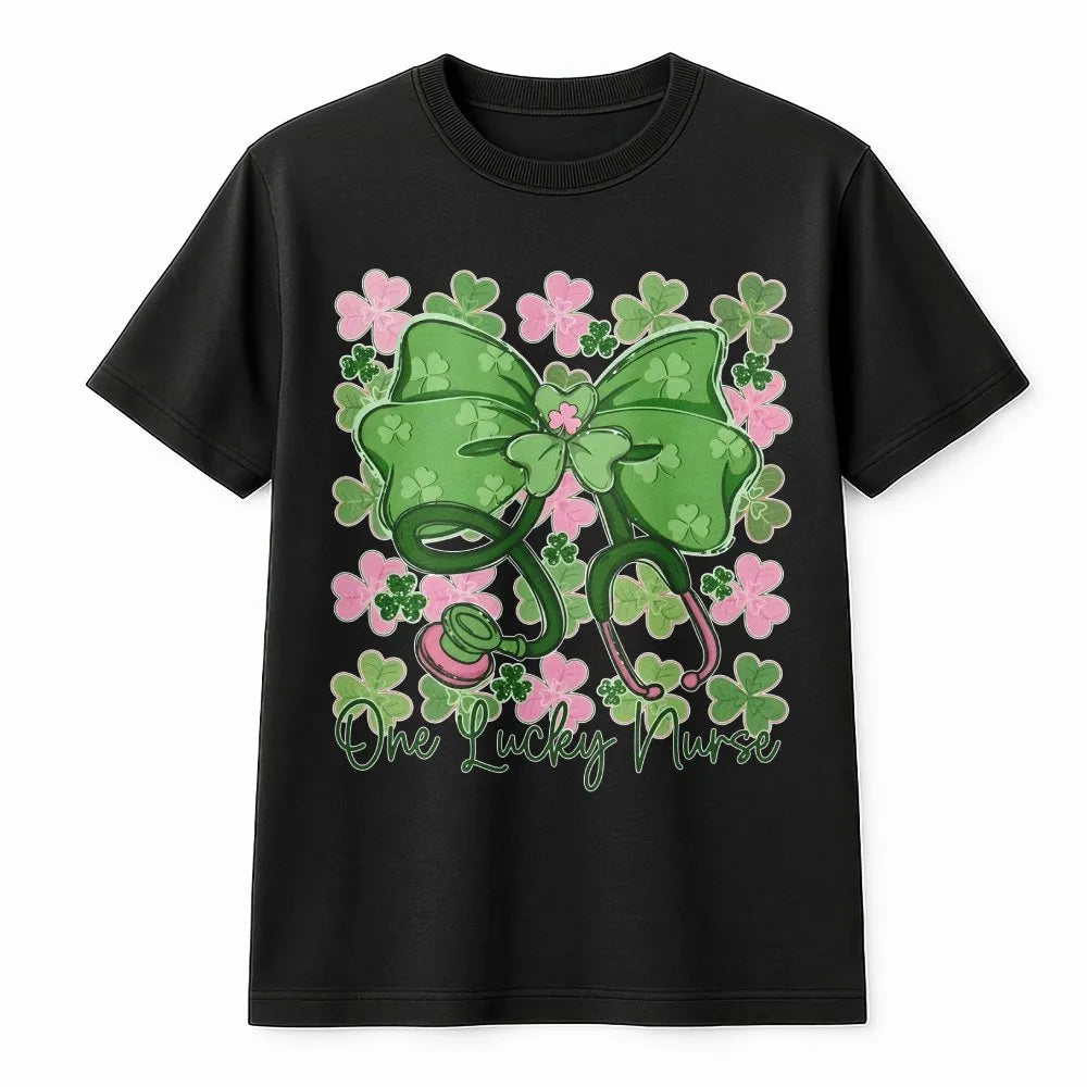 One Lucky Nurse St Patrick's Day T-Shirt | Shamrock Stethoscope Bow Graphic | 100% Cotton Premium Tee | RN Gift for Her