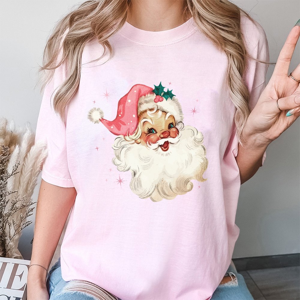Retro Pink Santa T-Shirt | Vintage Christmas Aesthetic Graphic | 100% Cotton Premium Tee | Cute Holiday Gift for Women