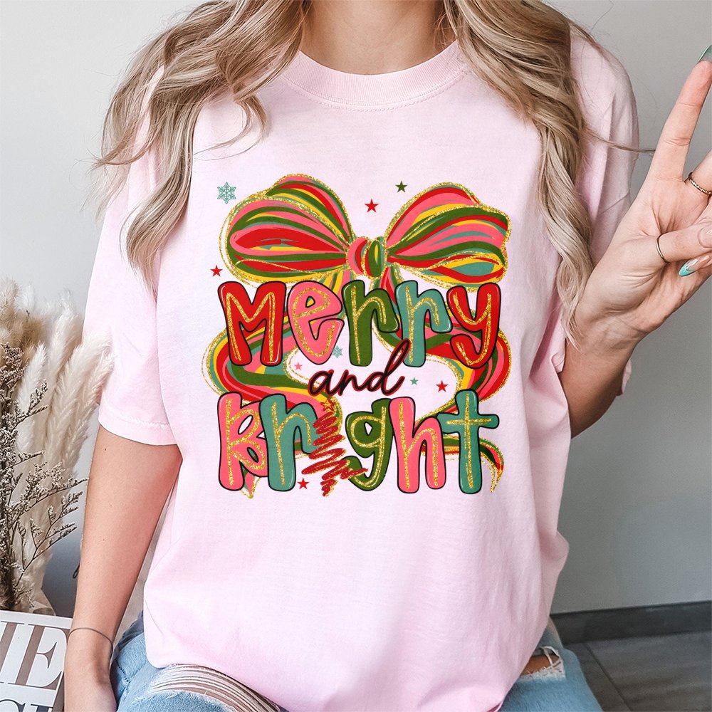 Merry and Bright T-Shirt | Preppy Coquette Christmas Aesthetic | Premium 100% Cotton Tee | Cute Holiday Gift for Women