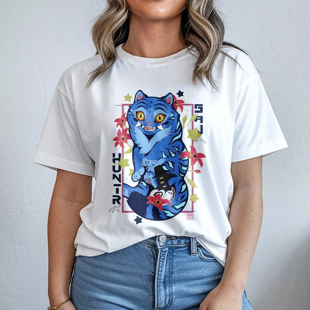 Blue Tiger Graphic T-Shirt | Anime Style Kawaii Cat Design | 100% Premium Cotton | Unique Otaku Gift for Men and Women