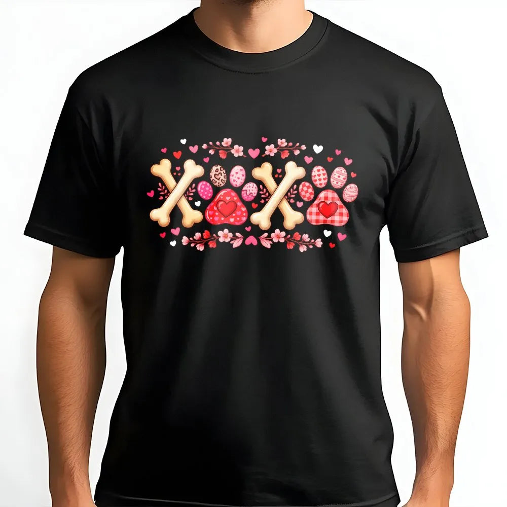 Dog Mom Valentine T-Shirt | XOXO Heart Paw Print & Bone Graphic | Premium Soft Cotton | Cute Animal Lover Gift for Her