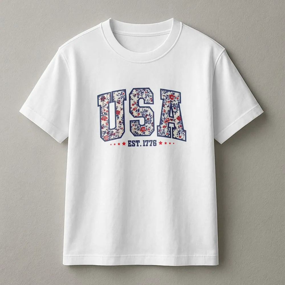 Floral USA Est. 1776 print on a white unisex cotton t-shirt