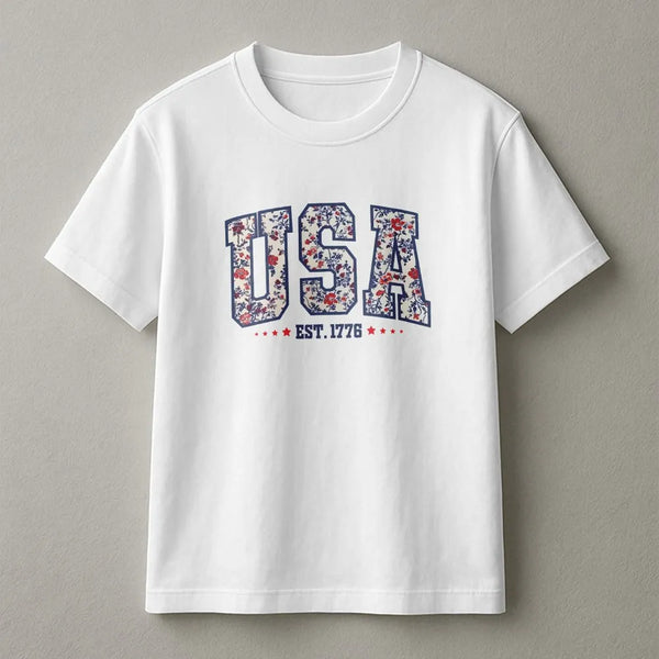 Floral USA Est. 1776 print on a white unisex cotton t-shirt