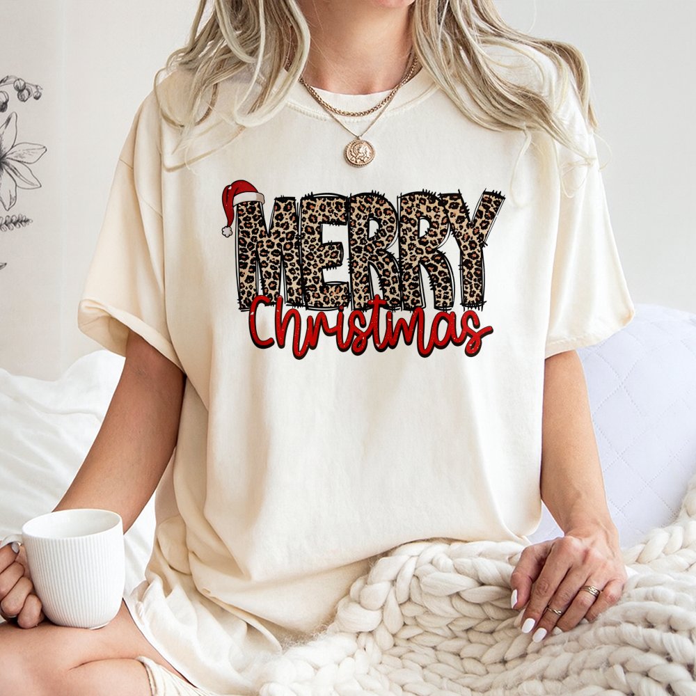 Merry Christmas T-Shirt | Leopard Print Graphic Holiday Top | Premium 100% Cotton Tee | Festive Gift for Women and Men