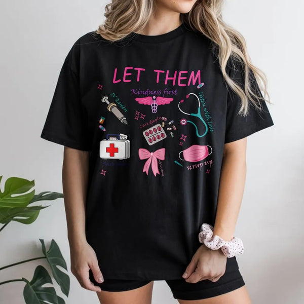 Model wearing a black t-shirt with a nurse medical doodle print
