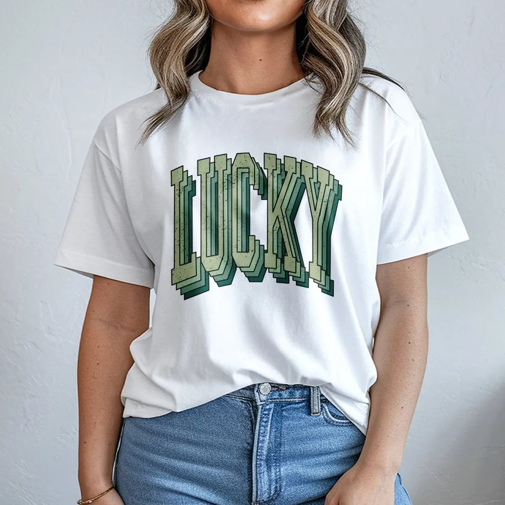 Lucky Graphic T-Shirt | Retro Distressed 70s Typography | 100% Premium Cotton | St Patricks Day Gift for Men and Women