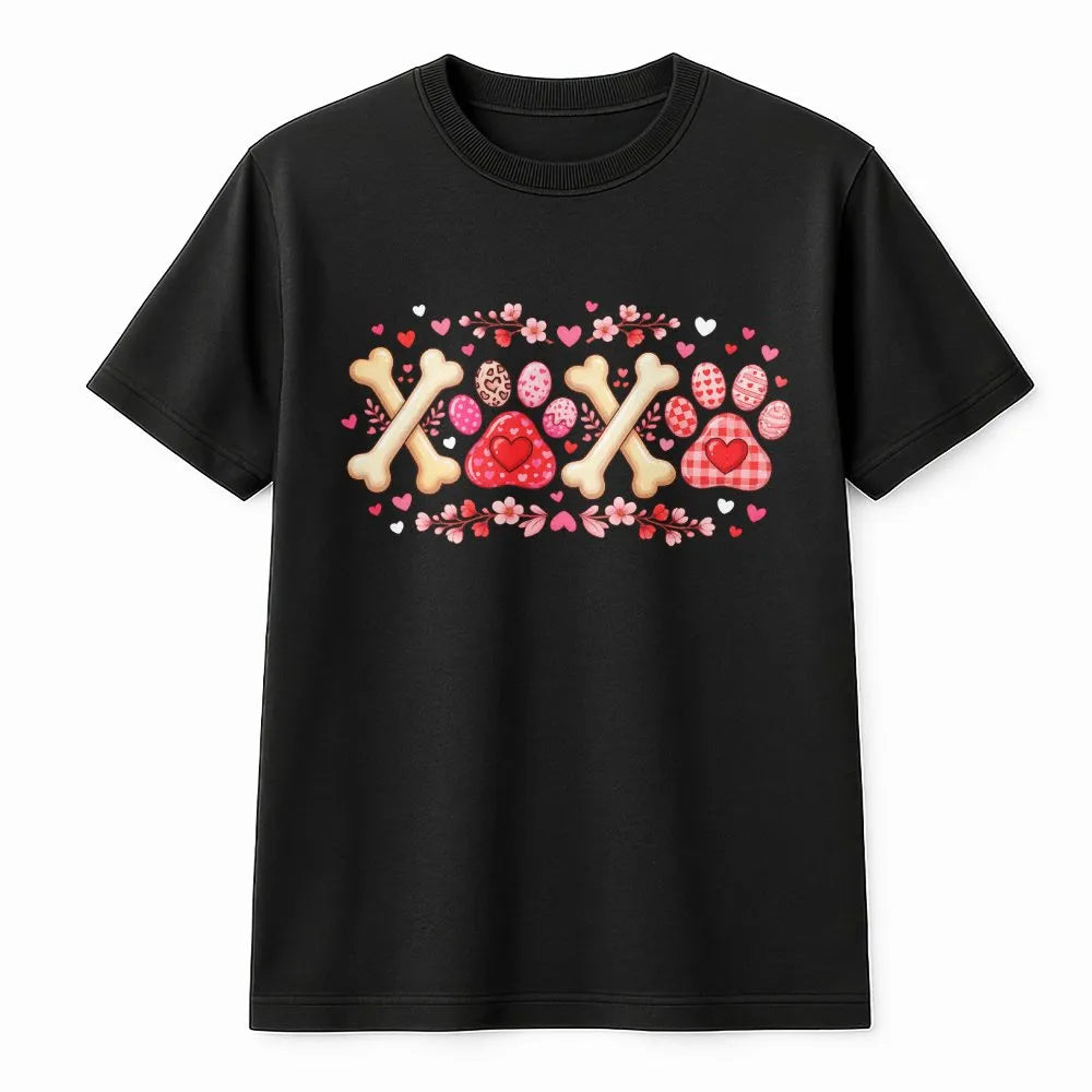 Dog Mom Valentine T-Shirt | XOXO Heart Paw Print & Bone Graphic | Premium Soft Cotton | Cute Animal Lover Gift for Her