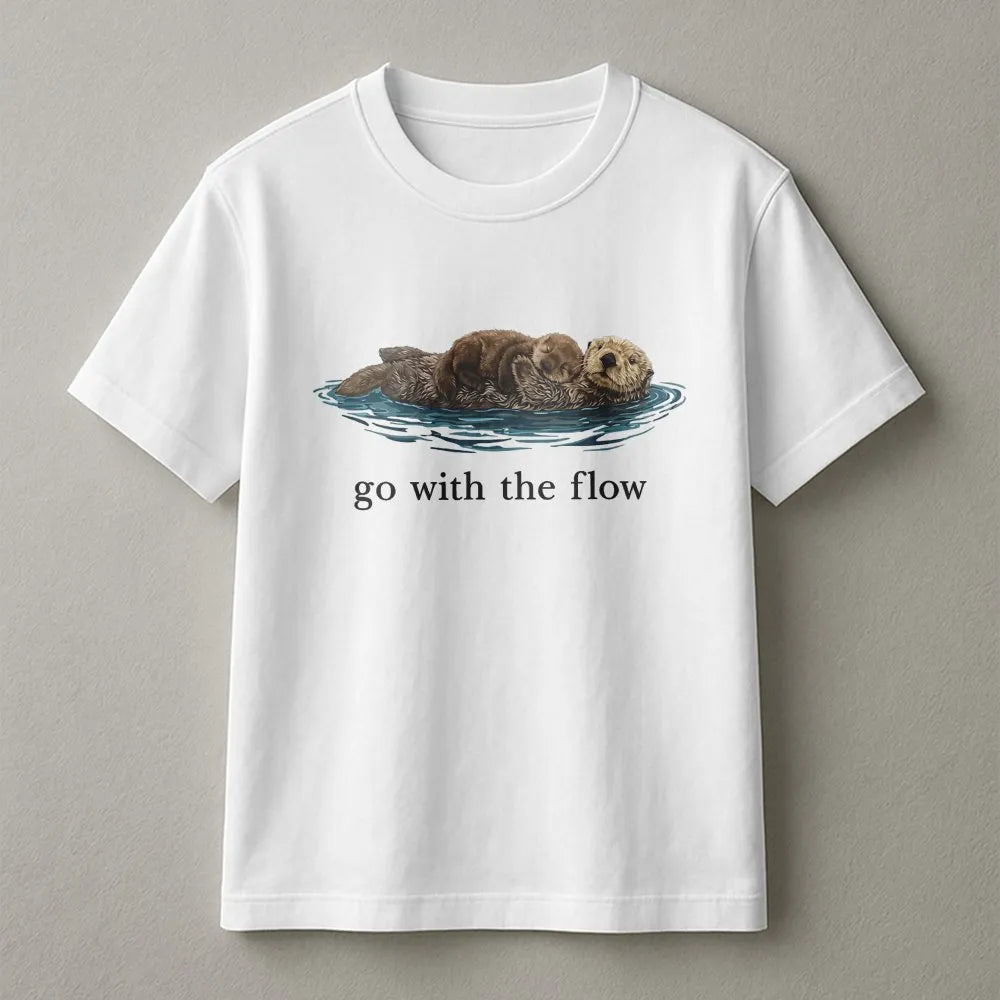 Sea Otter T-Shirt | Go With The Flow Cute Animal Design | Premium 100% Cotton Tee | Gift for Nature and Wildlife Lovers