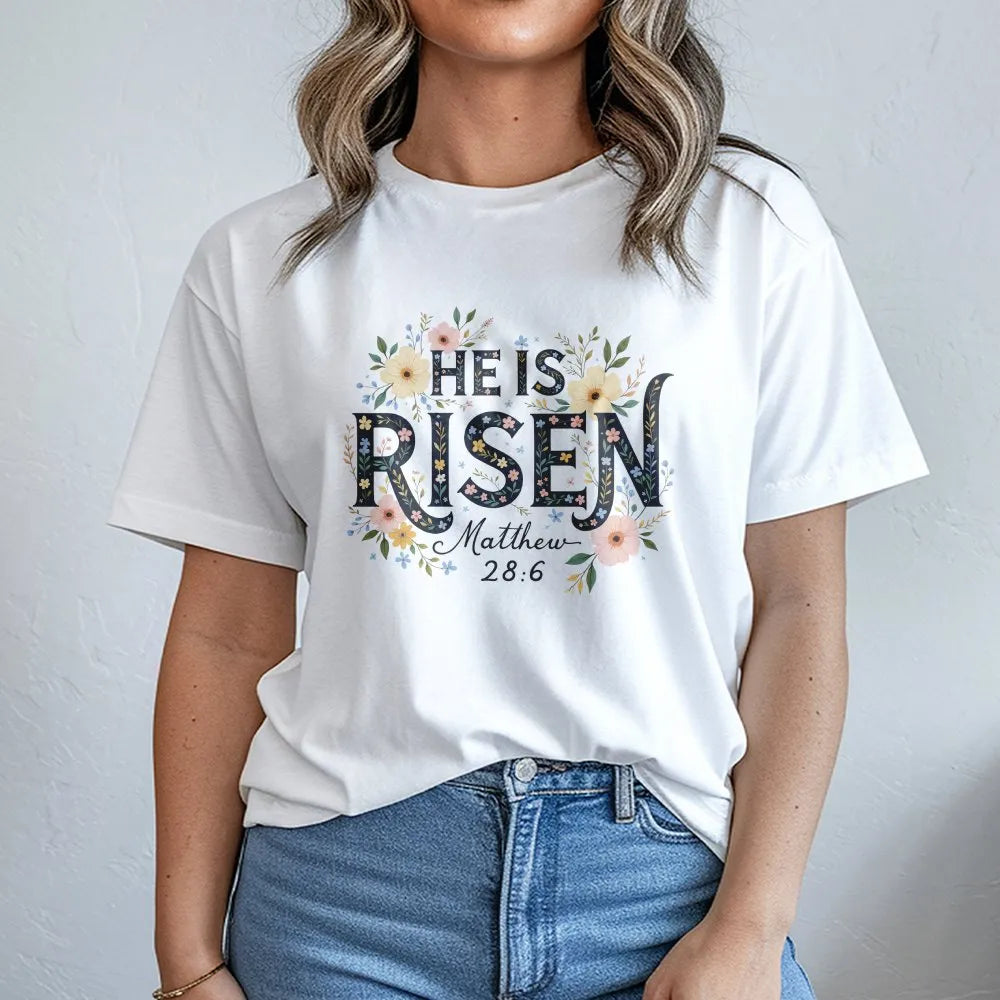 He Is Risen T-Shirt | Floral Matthew 28:6 Scripture Graphic | 100% Cotton Premium Tee | Christian Easter Gift for Women