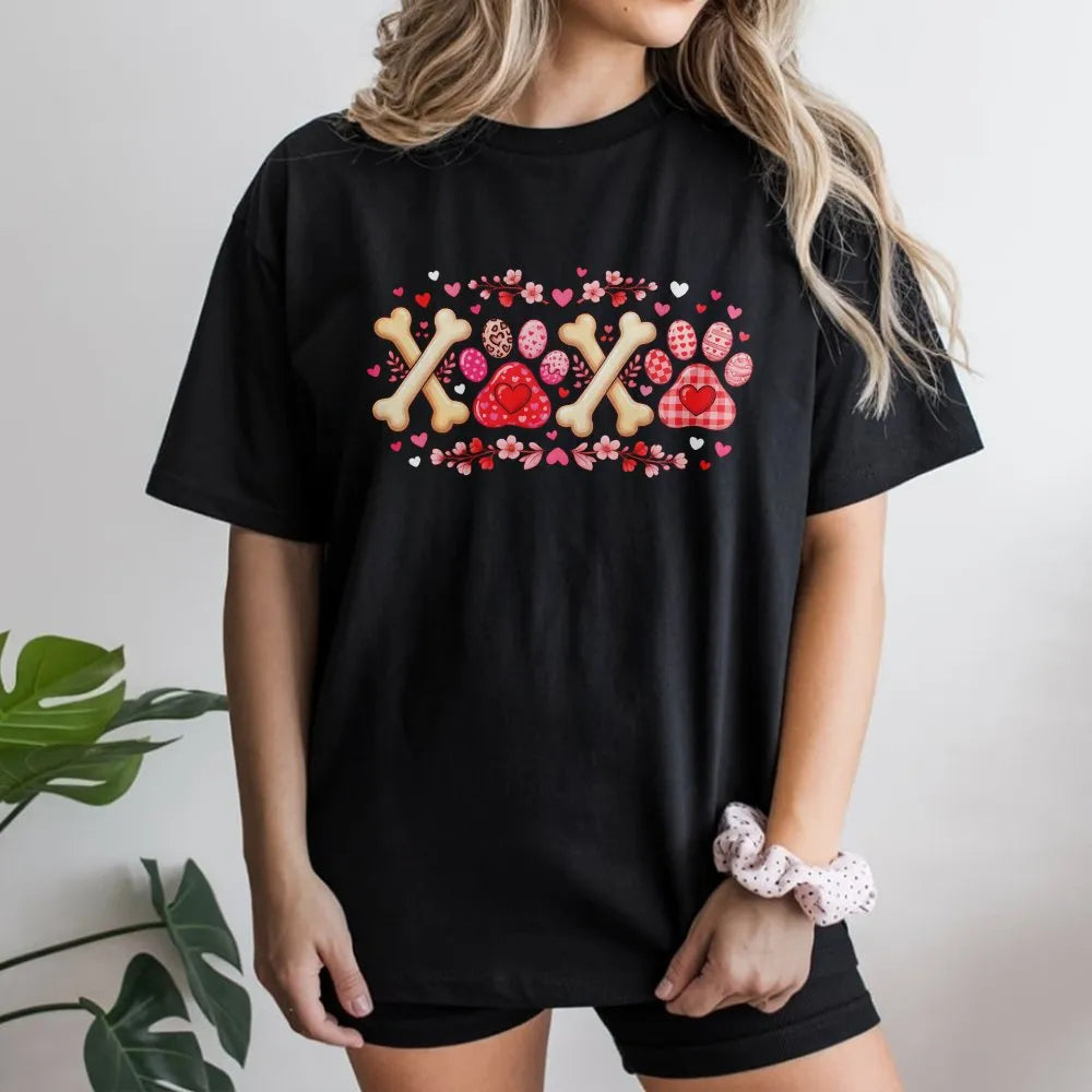 Dog Mom Valentine T-Shirt | XOXO Heart Paw Print & Bone Graphic | Premium Soft Cotton | Cute Animal Lover Gift for Her