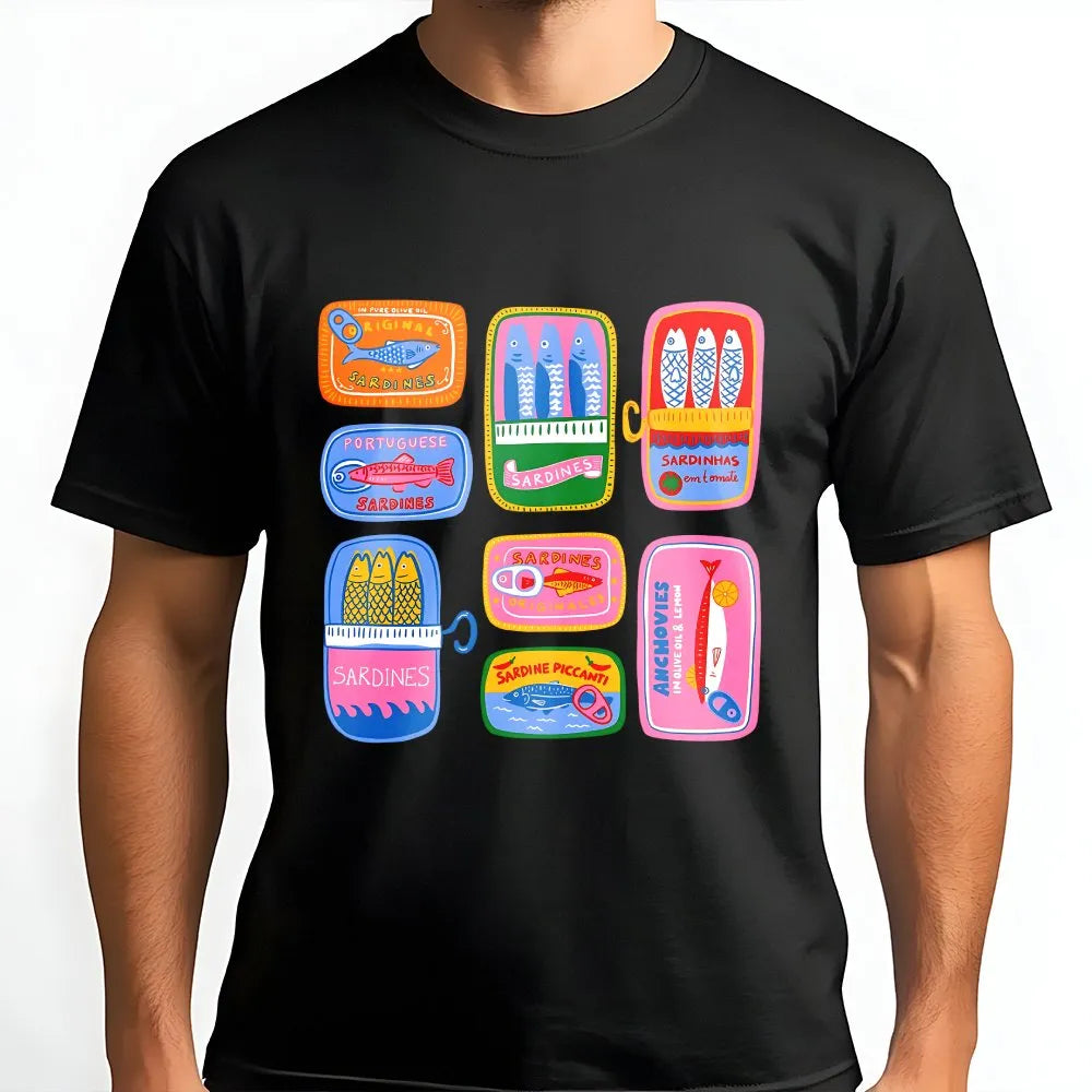 Model wearing a black t-shirt with a Portuguese sardine tin print