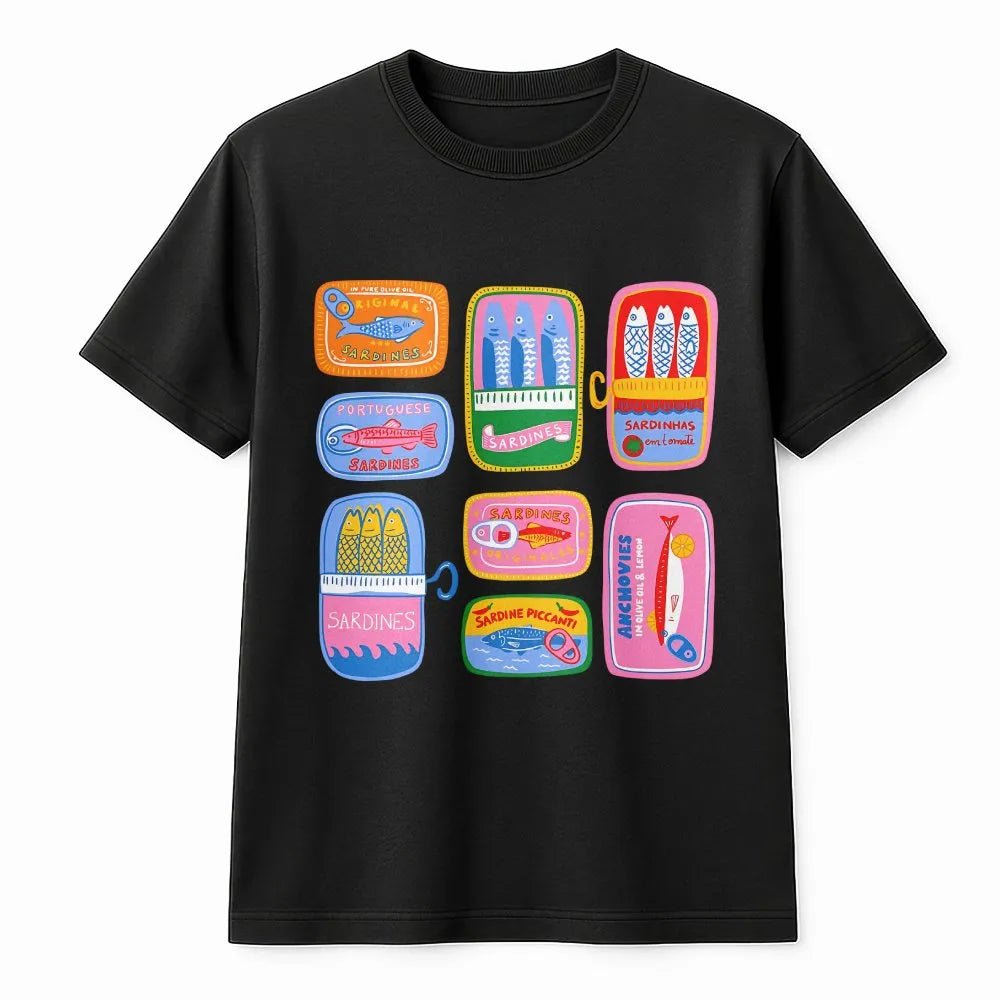 Front view of a black Portuguese sardine tin t-shirt