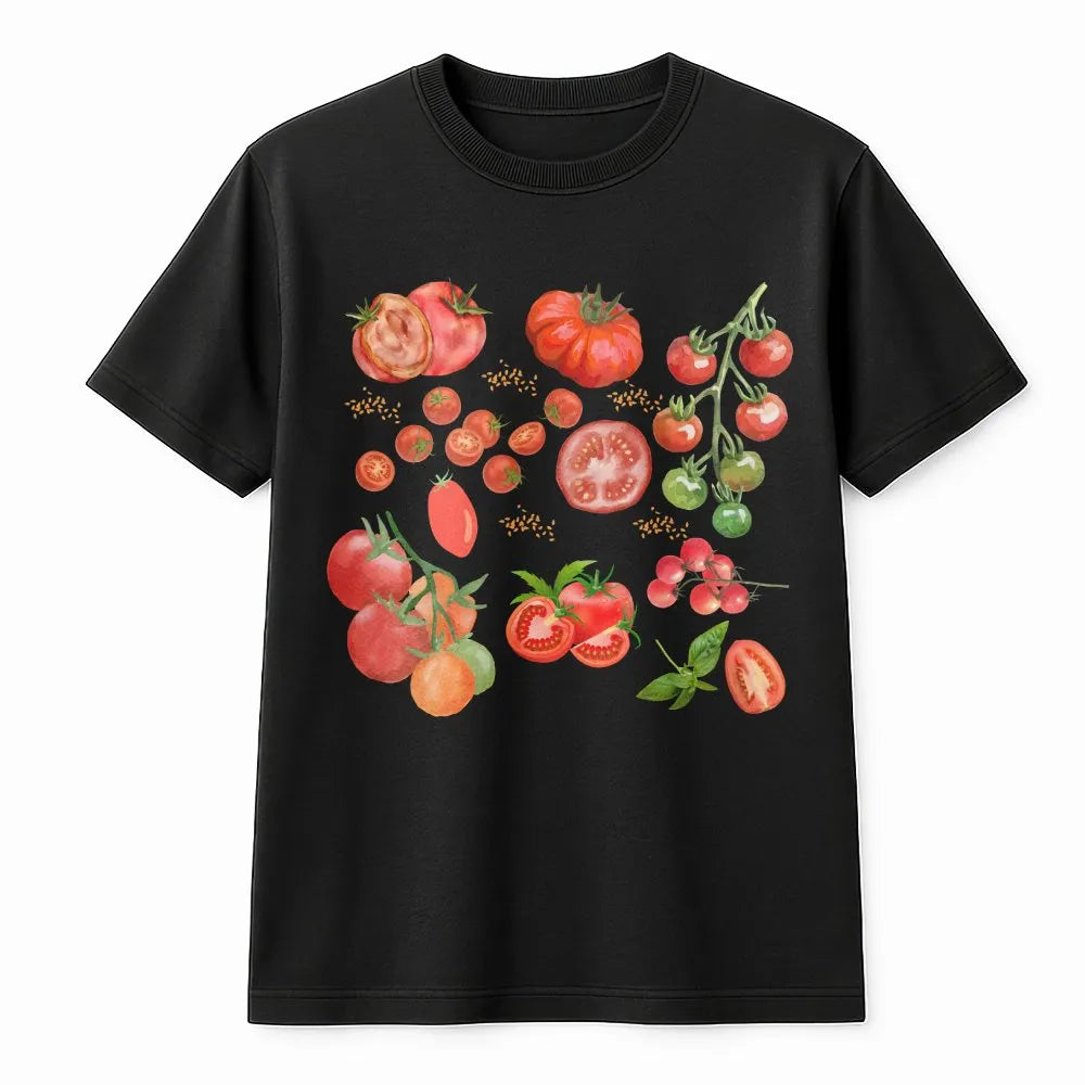 Vintage tomato botanical print on a black unisex cotton t-shirt