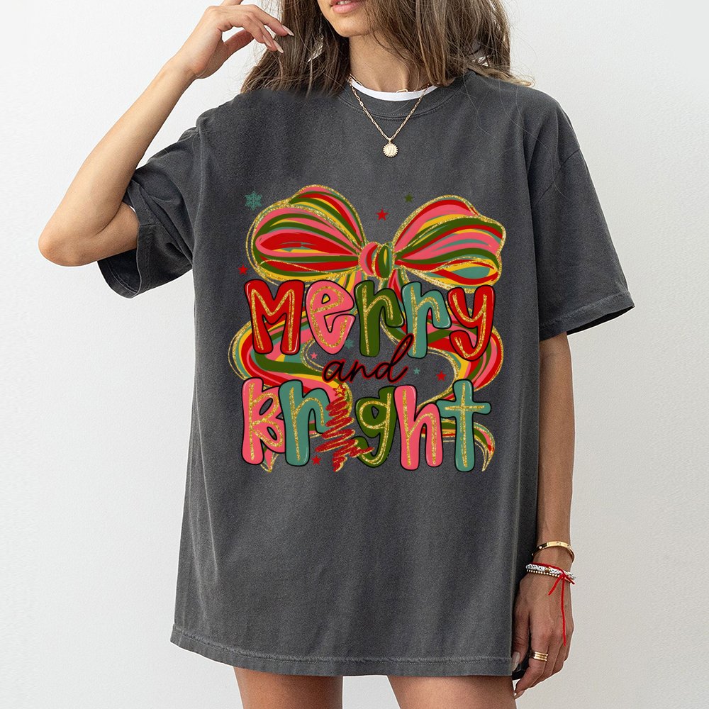 Merry and Bright T-Shirt | Preppy Coquette Christmas Aesthetic | Premium 100% Cotton Tee | Cute Holiday Gift for Women