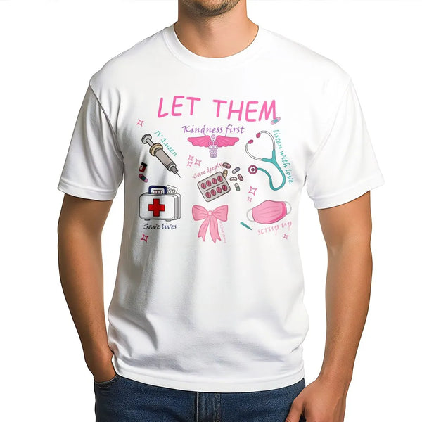 Man wearing a white unisex cotton t-shirt with a nurse medical doodle print