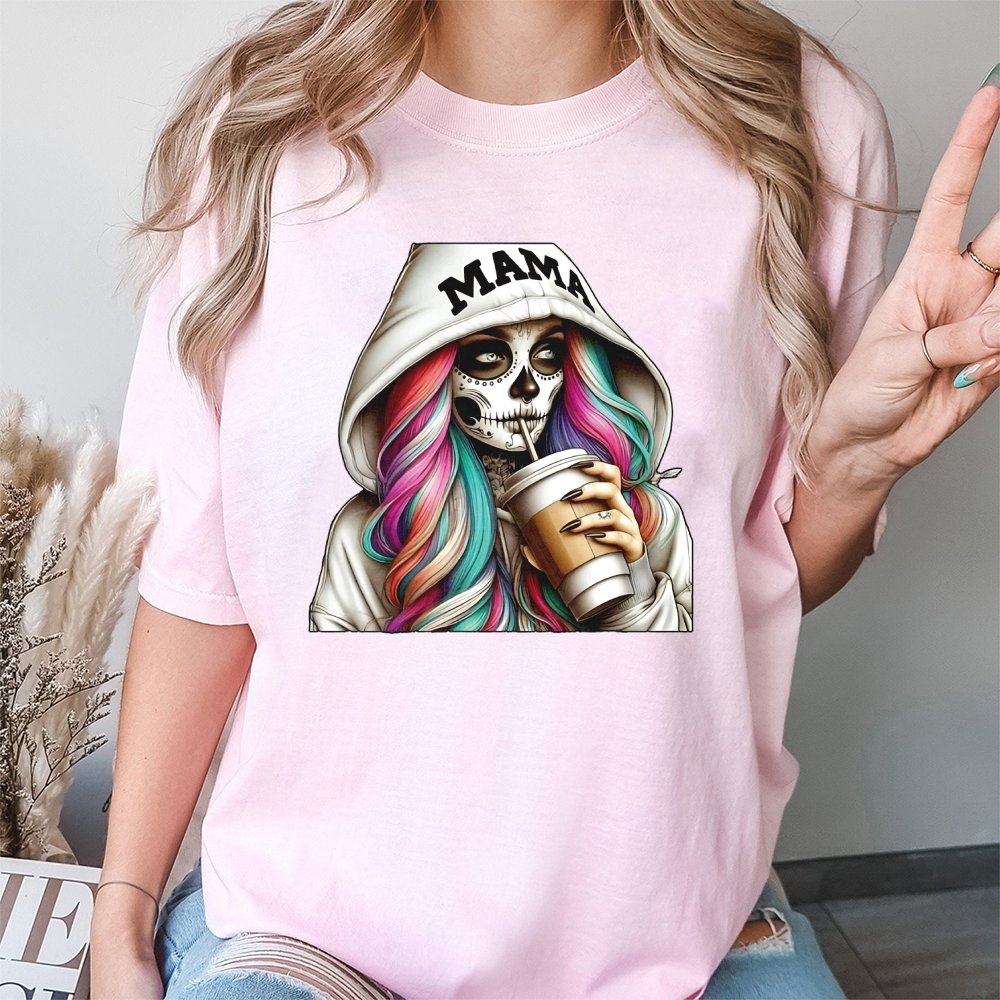 Mama Skeleton Coffee T-Shirt | Boho Day Of The Dead Graphic | Premium 100% Cotton Tee | Trendy Halloween Gift For Moms