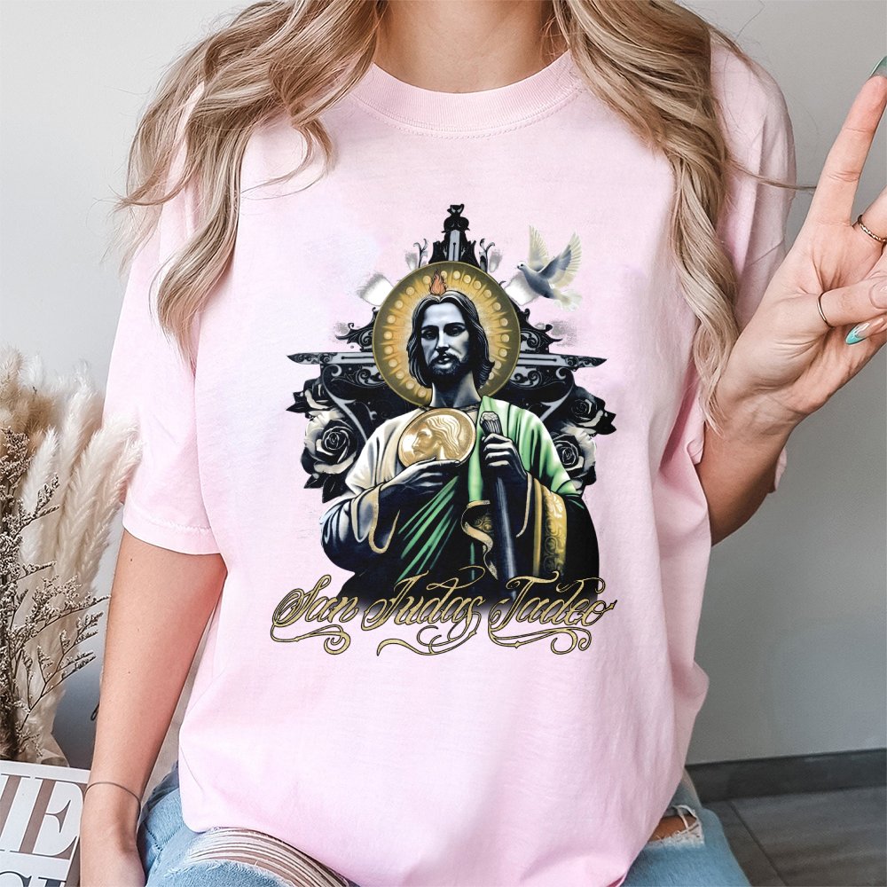 San Judas Tadeo T-Shirt | Saint Jude Graphic Religious Art | 100% Cotton Premium Tee | Catholic Gift for Men and Women