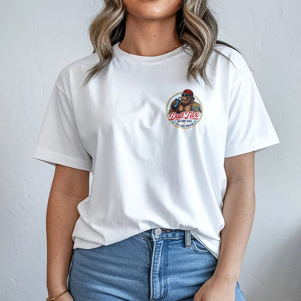 Model wearing a white t-shirt with a Dad Tax retro gorilla print